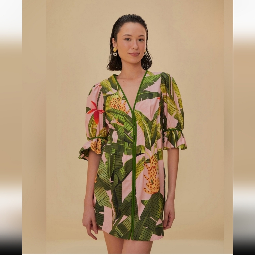Farm Rio Banana Leaves V-Neck Mini Dress - Picture 2 of 14